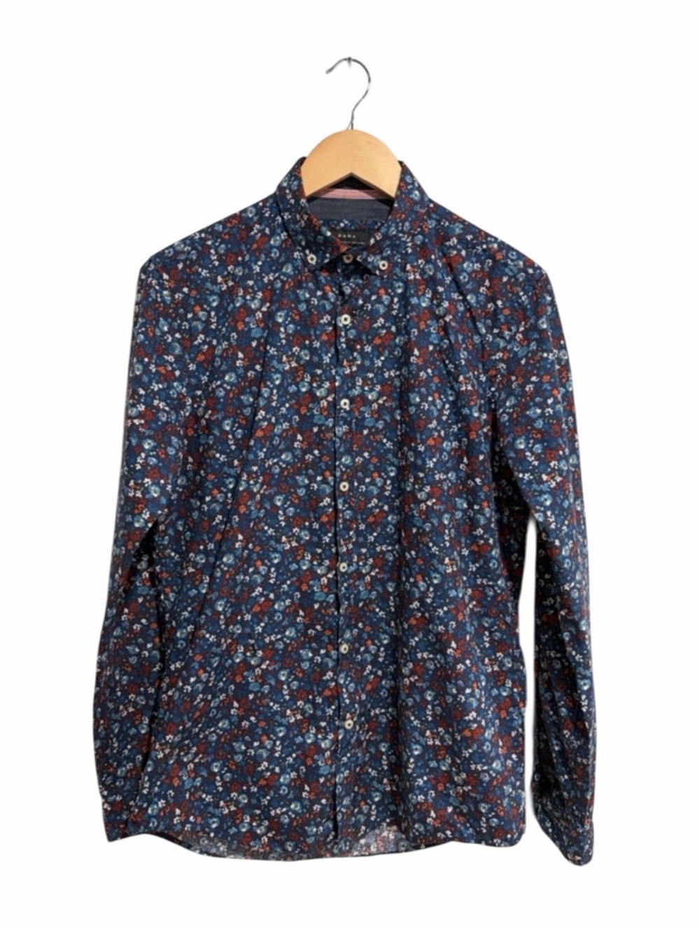 2/$40 Zara Men's Navy Blue Floral Button-Down Shirt 100% Cotton